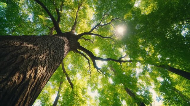 Looking up through the branches of a lush green tree canopy on a sunny day, reaching towards the sky