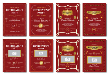 Retirement Party Flyer Vintage Classic Red Gold Frame Design Senior Citizen Farewell Celebration Invitation Card Template Office Employee Retirement Ceremony Poster Editable A4 Print Ready Layout eps.