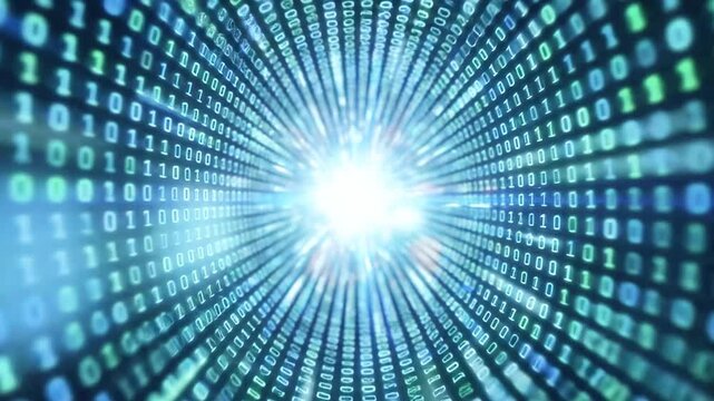 Digital stream of binary code converging towards a central point of light