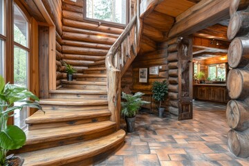 Wooden staircase in scandinavian rustic style interior design of modern entrance hall, Generative AI
