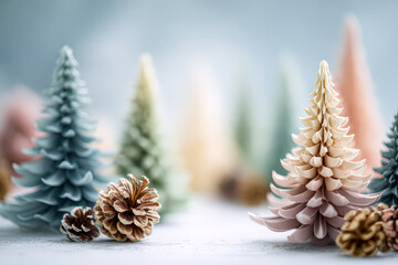 Pastel-colored Christmas trees and pine cones create a festive atmosphere, perfect for holiday decorations and seasonal celebrations