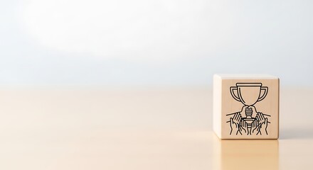 Symbolic representation of teamwork, victory, and achievement with a trophy icon on a wooden cube