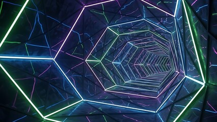 &ldquo;geometric hexagon tunnel with neon edges, deep sci-fi corridor perspective, glowing digital symmetry, futuristic holographic passage design