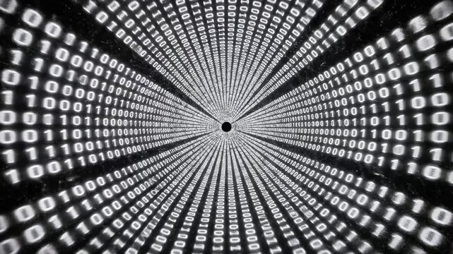 Abstract image of binary code radiating outward from a central black void