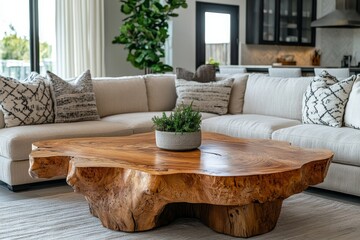 Live edge wooden coffee table near corner sofa. Interior design of modern living room in farmhouse, Generative AI