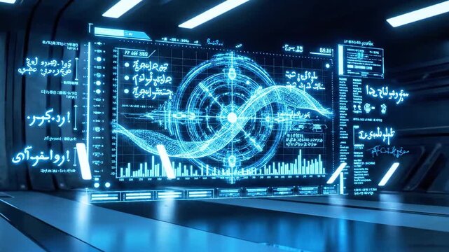 Futuristic data display with holographic charts and alien-like script, glowing blue