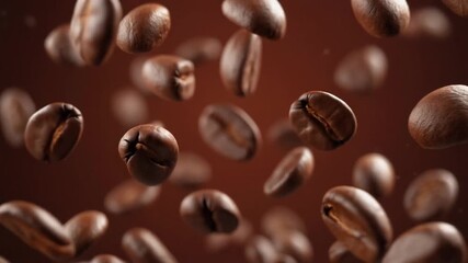 Close-up of roasted coffee beans falling and floating in a rich brown background, capturing their aroma and texture