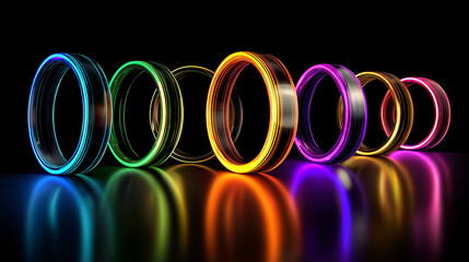 Colorful neon loops reflecting on dark glossy floor