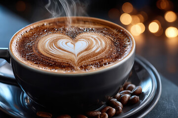 Warm coffee cup with heart-shaped latte art and roasted beans on a table