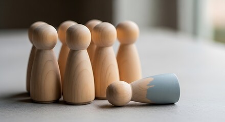 The distinct wooden figure fallen amidst its peers, starkly highlighting a moment of personal failure, isolation, and perceived loss