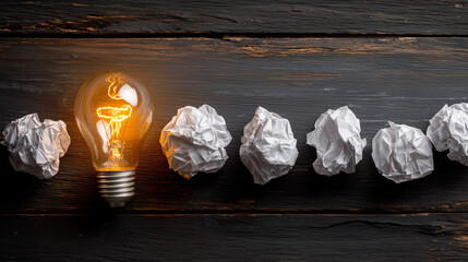 Creative idea concept with glowing bulb and crumpled paper