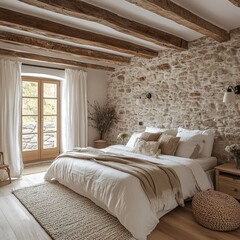 French country interior design of modern bedroom in farmhouse, Generative AI