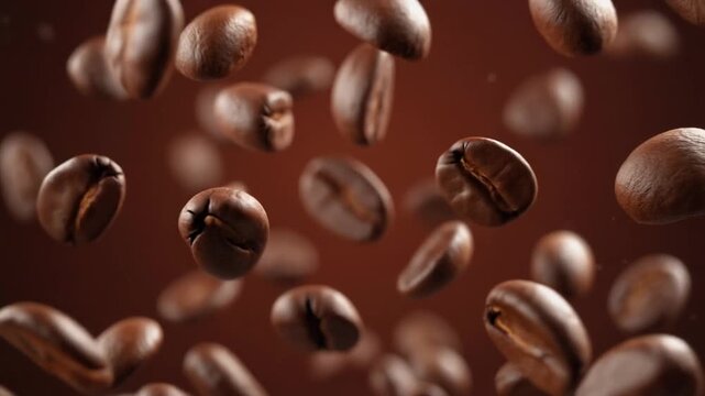 Close-up of roasted coffee beans falling and floating in a rich brown background, capturing their aroma and texture
