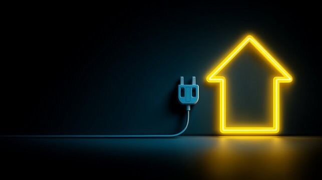Bright neon house graphic with electricity plug - Powered by Adobe