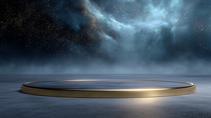 Golden display platform floating in cosmic sky