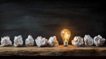 Innovation symbol with glowing bulb and rejected ideas