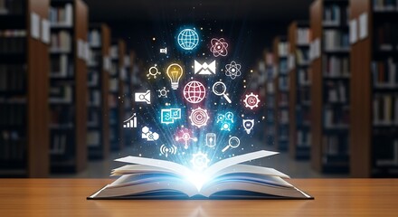 Open book in library radiating digital icons of knowledge, ideas, science, and technology, symbolizing learning and discovery