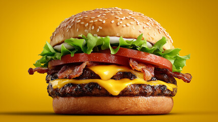 Juicy cheeseburger with fresh toppings on yellow background