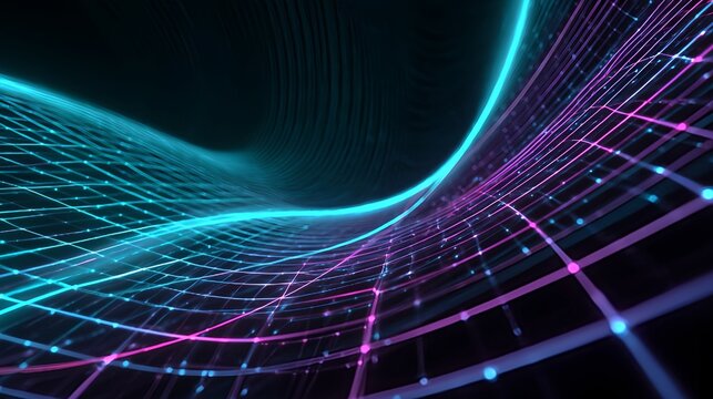 Abstract background featuring glowing neon lines forming a futuristic tunnel structure, with vibrant blue and magenta light trails, smooth motion, and modern sci-fi aesthetic.