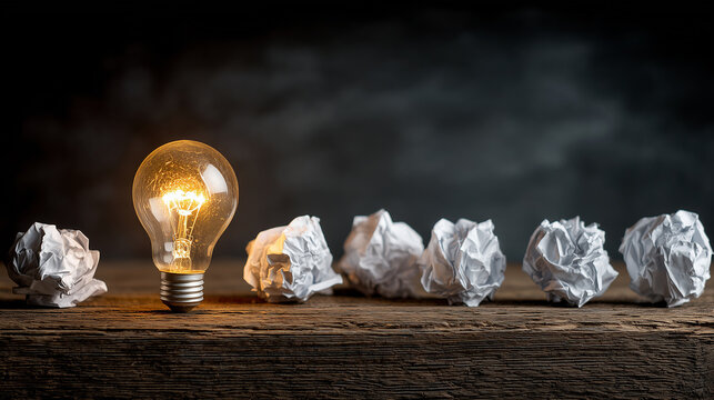 Light bulb inspiration scene with failed paper attempts