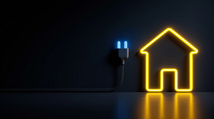 Neon house outline with electric plug energy concept