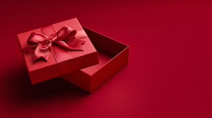 Open red gift box with ribbon on bright background