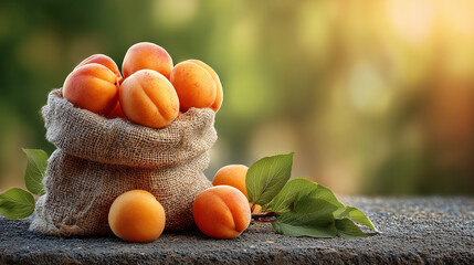 Organic apricots in woven bag on garden table
