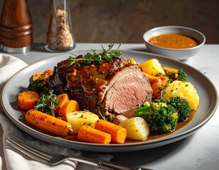 Delicious roast beef with vibrant vegetables served on an elegant grey plate