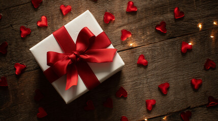 Red present box surrounded by scattered hearts