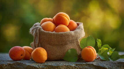 Ripe apricots overflowing from natural jute sack