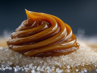 Sweet caramel cream swirl placed on salt crystals