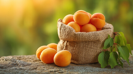 Sweet apricots in fabric bag with green leaves
