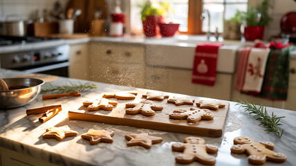 Christmas Day Cookie Dough Cutouts on Marble Countertop in Festive Kitchen with Sunlight and Holiday Towels