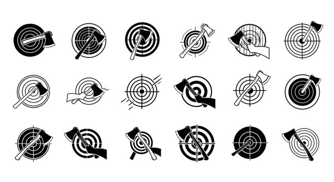 Collection of axe throwing target icons in vector format for archery and sport