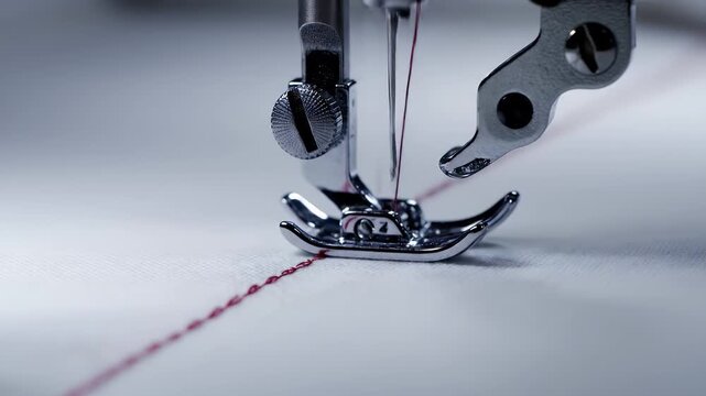 A close-up view of a modern sewing machine needle rapidly stitching red thread into white fabric, demonstrating precision and craftsmanship.