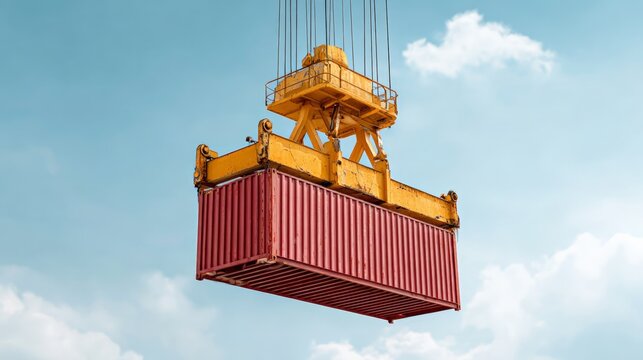 Industrial crane lifting a red cargo shipping container high up in the blue sky with clouds, representing global logistics, freight transport, and international trade operations