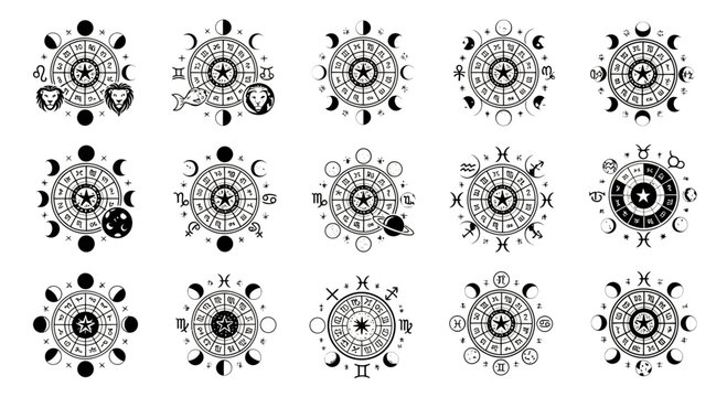 Collection of detailed zodiac wheel symbols with astrological signs and lunar phases, isolated on