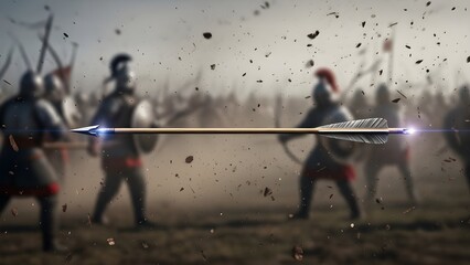 Arrow in Battlefield: An arrow streaks through the air on a historical battlefield, the center of conflict amid the chaos of the army. capturing the drama, tension, and peril of battle.