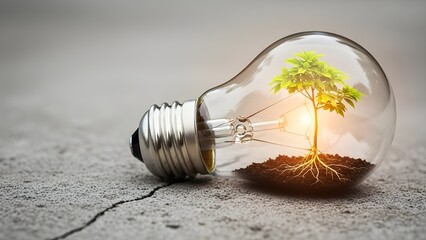 Sustainable Lightbulb: A powerful metaphor of growth and sustainability, depicting a young tree thriving within a lightbulb, symbolizing the fusion of nature and innovation. 