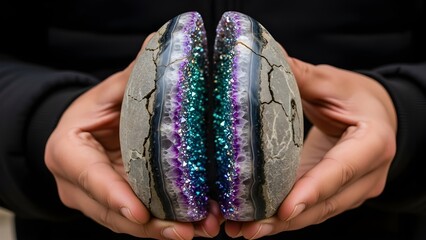 Sparkling Geode: A geological marvel of a geode, split open to reveal a dazzling interior of crystals. The unique stone is cradled, displaying the raw beauty of earth's treasures.
