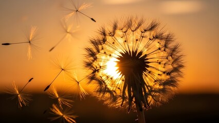 Dandelion Seeds in Golden Light: A close-up captures the delicate beauty of a dandelion seed head as its seeds scatter into the air, illuminated by the warm, golden light of the setting sun.