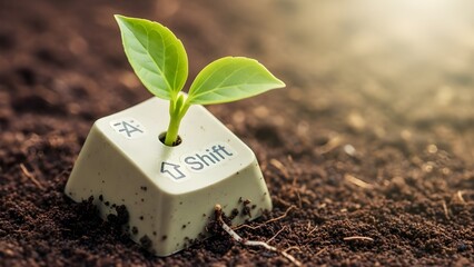 Innovation Sprouts: A symbolic representation of growth and innovation, with a vibrant green plant flourishing from a repurposed Shift key, suggesting a digital-to-natural evolution