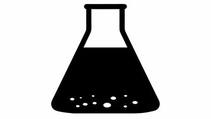Black and white illustration of a flask filled with dark liquid and small white bubbles at the bottom