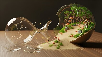 Shattered Dreamscape: A broken glass bowl revealing a miniature woodland scene. The delicate dance between destruction and creation is on display.
