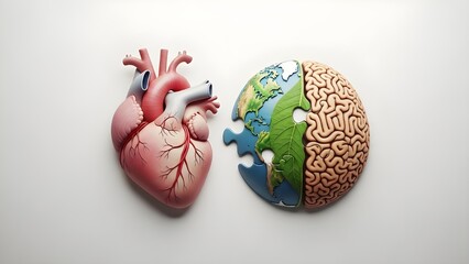 Heart, Brain and Earth Harmony: A striking visual of the human heart, brain, and the earth in a composition that symbolizes the interconnectedness of our well-being and the planet.