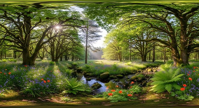 Abstract forest panorama with sunlight and stream - Powered by Adobe