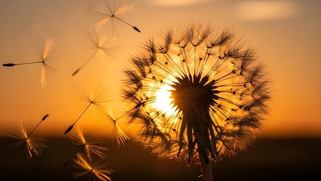 Dandelion Seeds in Golden Light: A close-up captures the delicate beauty of a dandelion seed head as its seeds scatter into the air, illuminated by the warm, golden light of the setting sun.