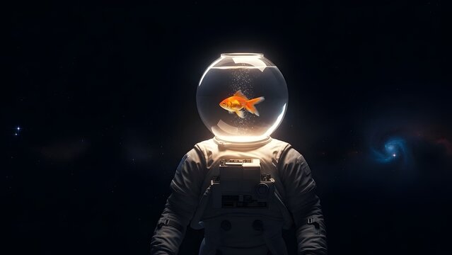 Cosmic Aquarian: A surreal portrayal of an astronaut whose helmet is a fishbowl. Inside swims a goldfish, set against the vast darkness, evoking a sense of wonder and solitude.