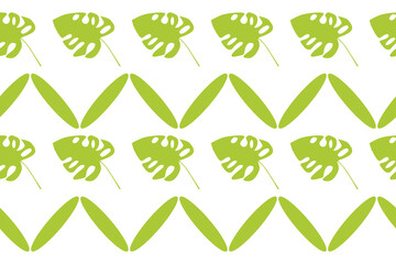 Seamless tropical pattern with green monstera leaves and geometric shapes, perfect for fabric, wallpaper, packaging, and summer-themed design projects.