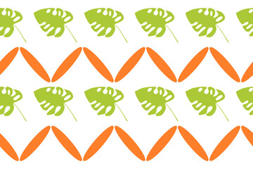 Tropical seamless pattern with green monstera leaves and orange geometric shapes. Perfect for fabric, wallpaper, packaging, and summer-themed design projects.